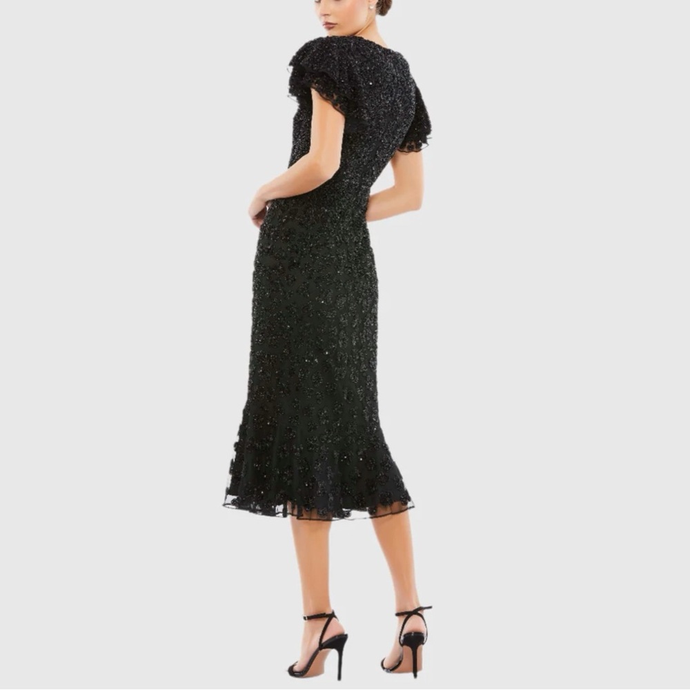 Mac Duggal HAND BEADED FLOUNCE SLEEVE MIDI DRESS Black Size 12 Style 10771 - Picture 4 of 12